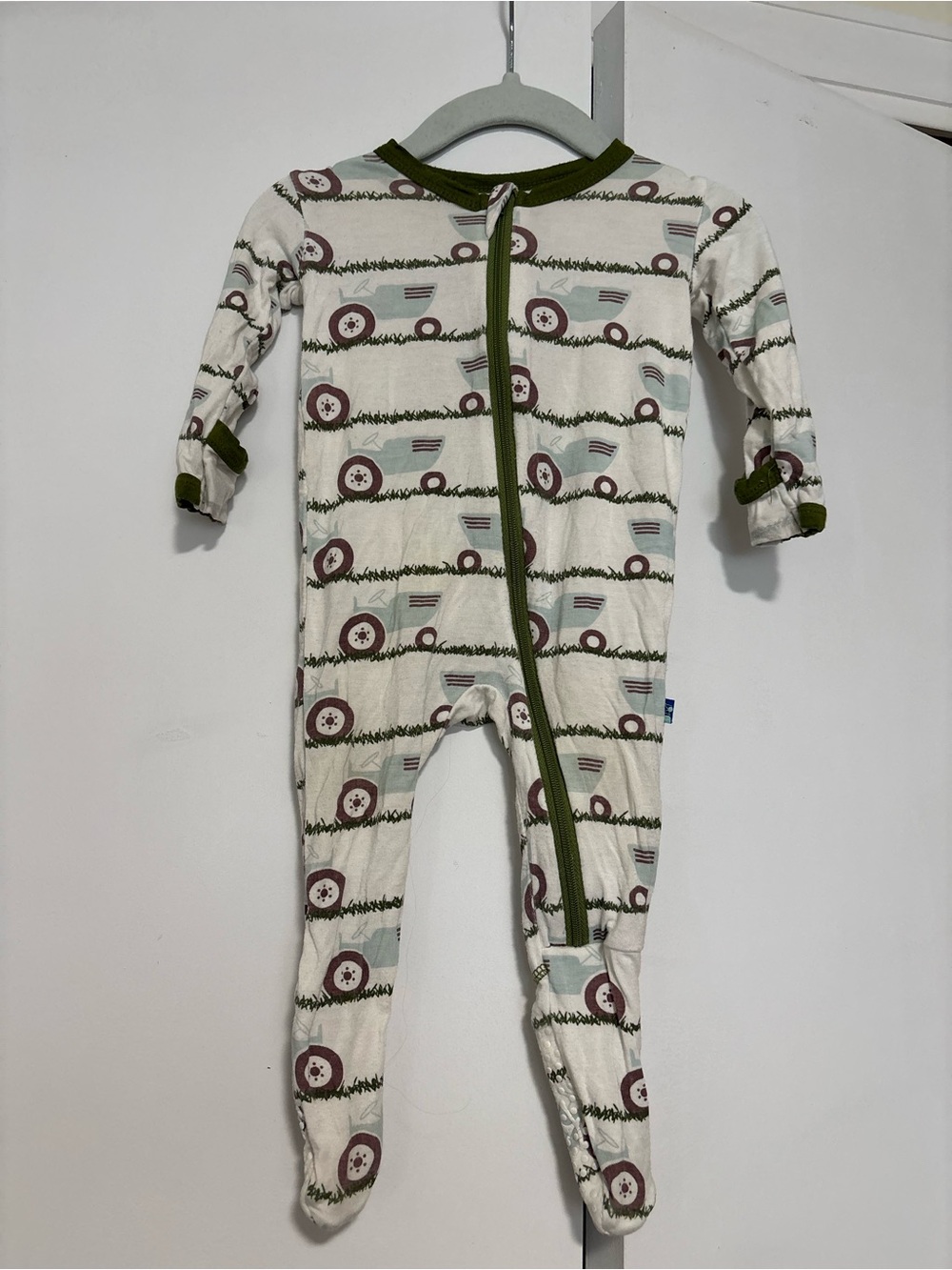 Kickee Pants Cream Footie with Olive Trim and Tractor Print 3-6 months bamboo
